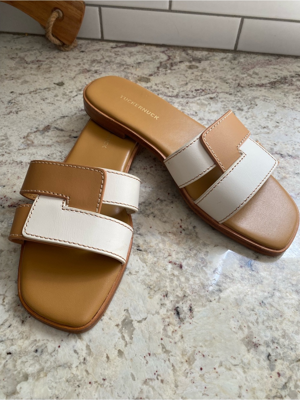 TUCKERNUCK $165 Cognac and White Leather Muse Sandals Womens 7 NWOT
